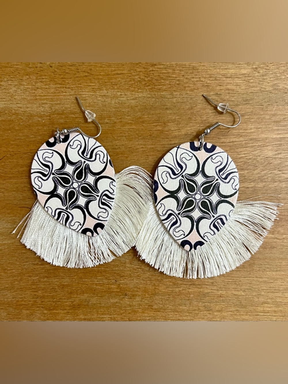 Boho Fringe Teardrop Earrings in Cream and Black